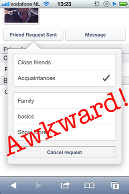 Facebook mobile, dialogue asking to categorise a friend as close or an acquaintance. 