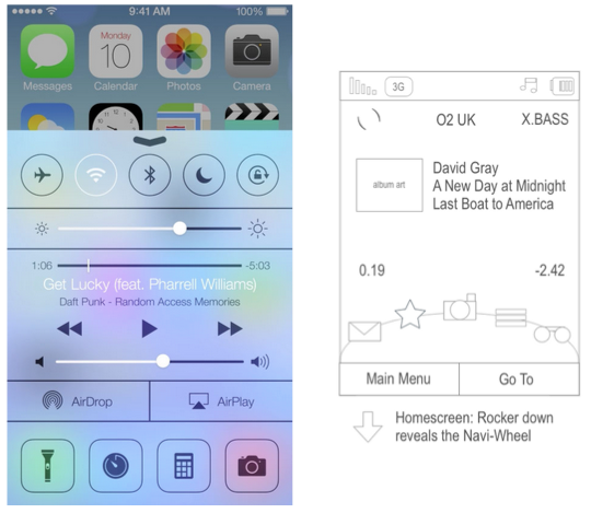 iOS 7 Control Centre versus O2 Navi-Wheel concept