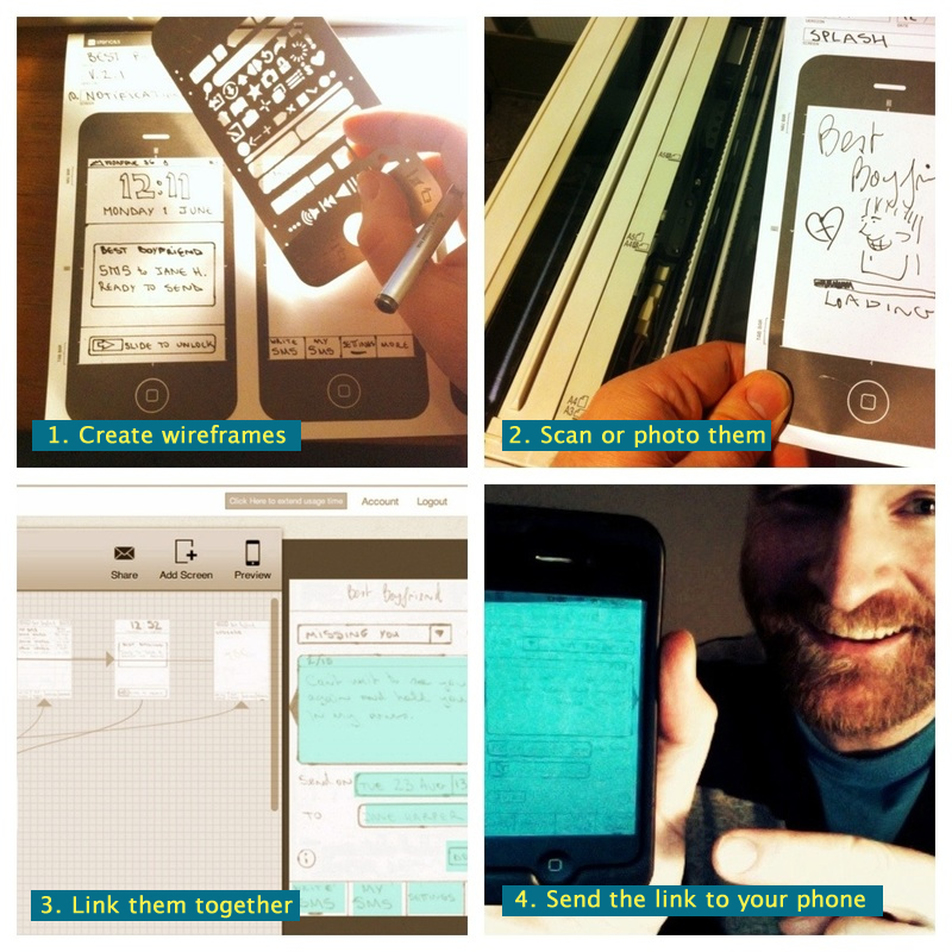 Montage showing how paper prototypes can be converted into on-device prototypes
