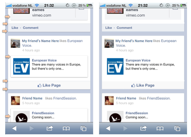Right: Current Facebook newsfeed. Left: Facebook newsfeed with many dividers and borders removed.