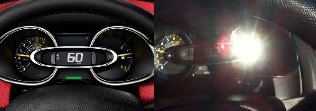 Left: Renault Clio instrument cluster in the brochure. Right: The chrome speedometer surround dangerously reflects sunlight from behind the vehicle. 
