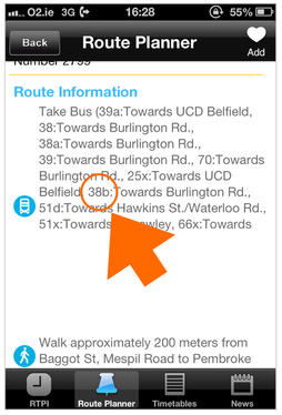 Poor legibility of bus numbers in the Dublin Bus app.