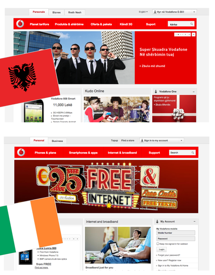 Screenshots of the Albanian and Irish Vodafone websites showing design consistency