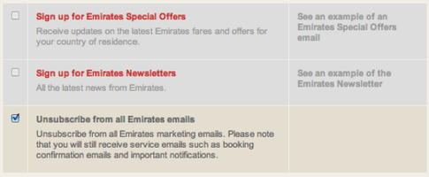 Emirates presents a very frustrating process for unsubscribing from their email newsletter.